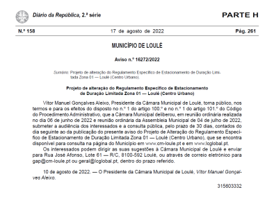 CONSULTA PÚBLICA Proposta de Alteração do Regulamento Específico de Estacionamento de Duração Limitada da Zona 01 – Loulé (Centro Urbano)
