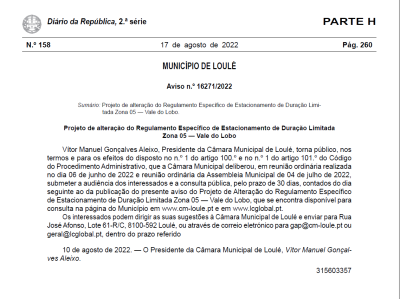 CONSULTA PÚBLICA Proposta de Alteração do Regulamento Específico de Estacionamento de Duração Limitada da Zona 05 – Vale do Lobo